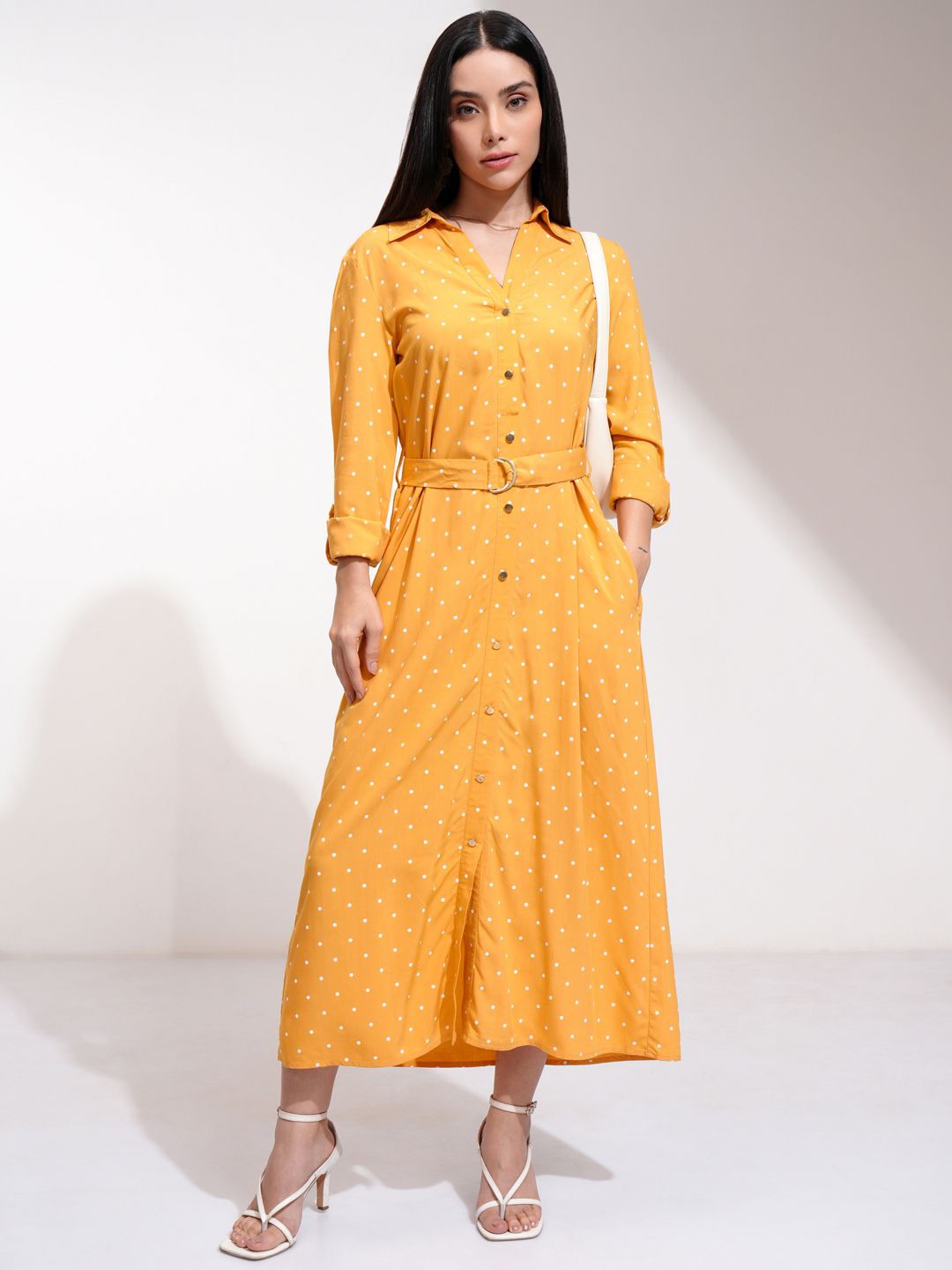 

Tokyo Talkies Women Polka Dot Printed Shirt Midi Dress, Yellow