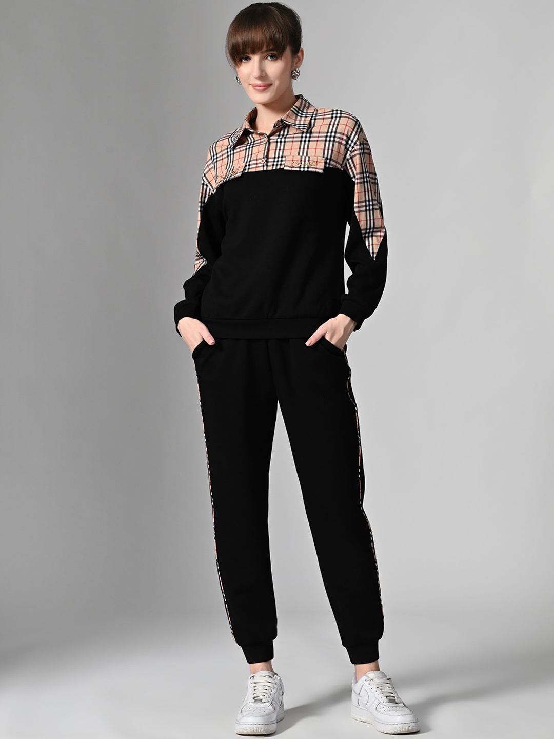 

PANKH Checked Shirt Collar Long Sleeves Pure Wool Sweatshirt & Jogger, Black