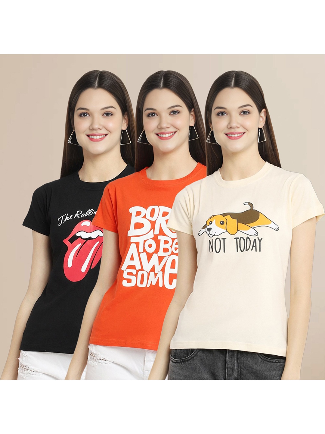 

Metronaut Women Pack Of 3 Typography Printed Round Neck Cotton T-shirts, Black