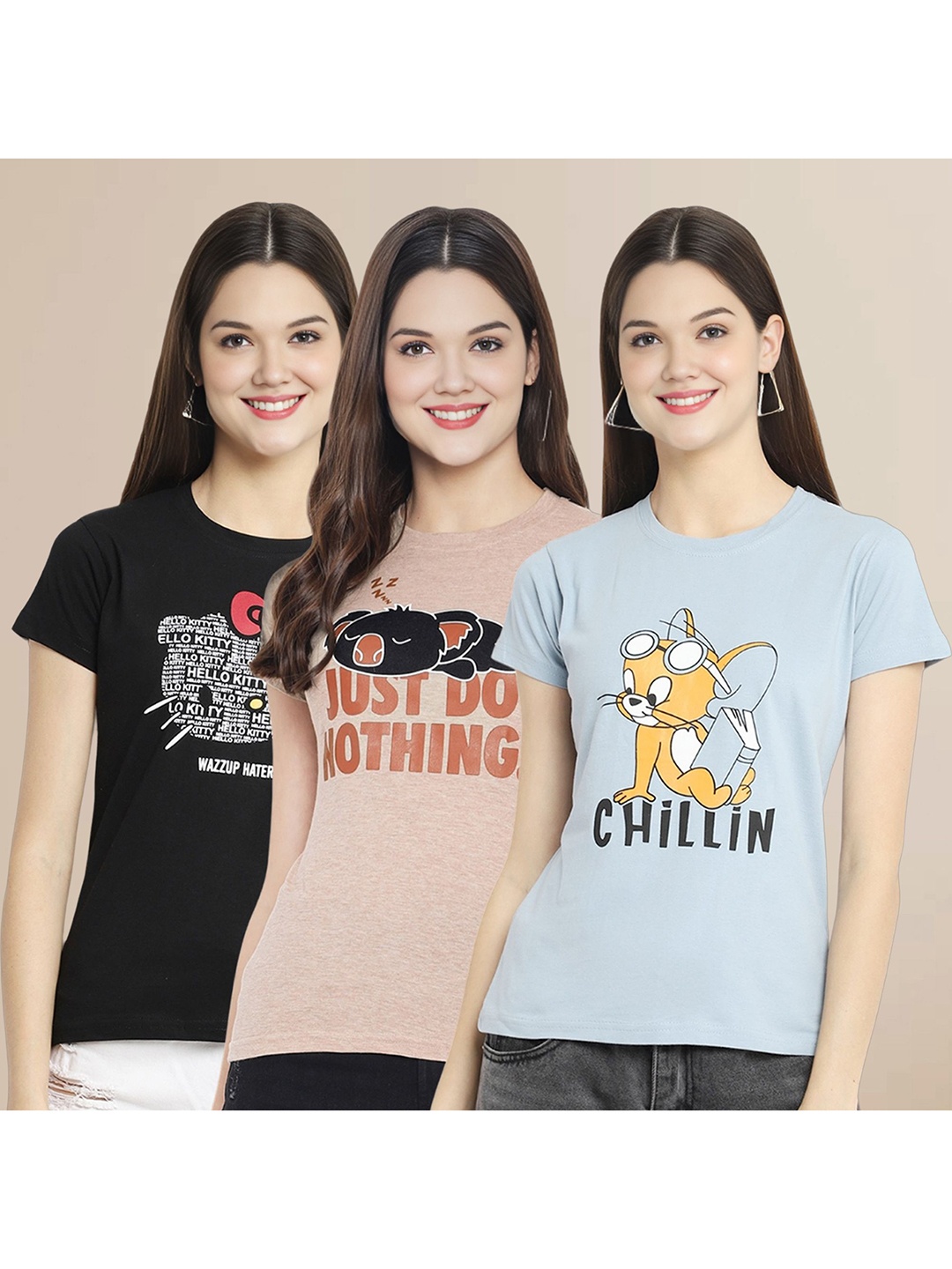 

Metronaut Women Pack Of 3 Graphic Printed Round Neck Cotton Tom & Jerry T-shirts, Black