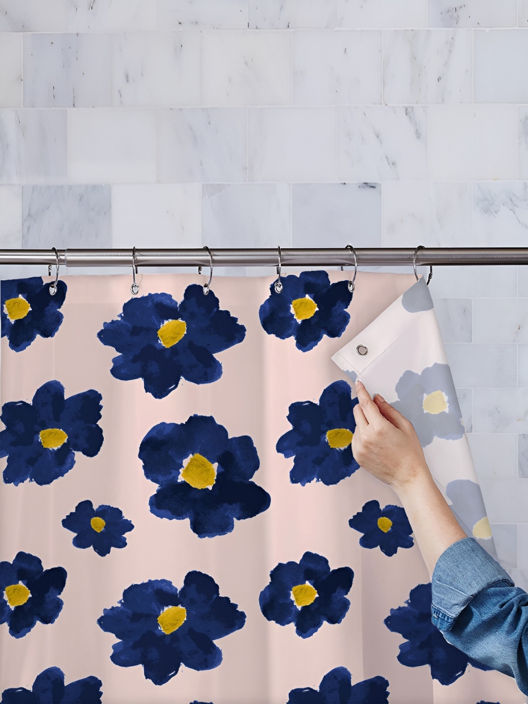 

ArtzFolio Pink & Navy Blue Printed Water Proof Shower Curtain