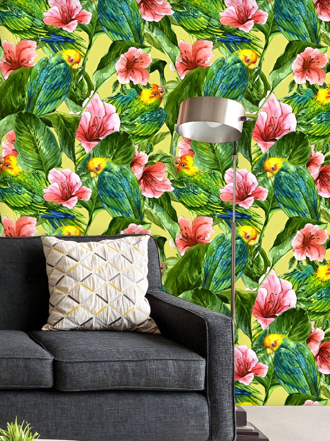 

ArtzFolio Printed UV-Resistant Anti-Bacterial Tropical Leaves Hibiscus Flowers Peel & Stick Wallpaper, Multi