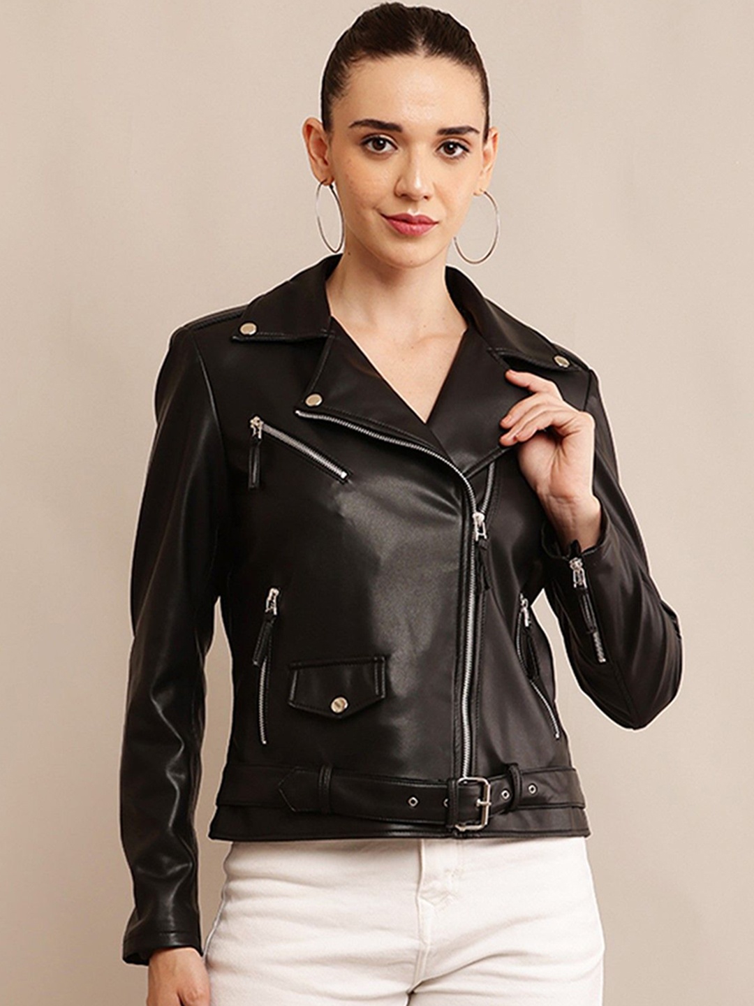

TBOJ Women Leather Lightweight Crop Outdoor Leather Jacket, Black