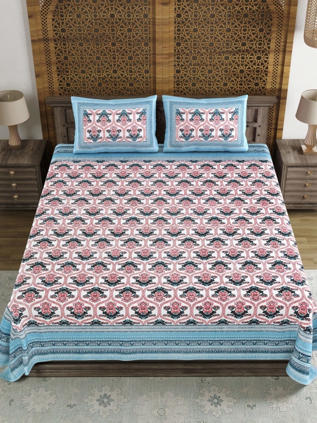 

BLOCKS OF INDIA Blue & Pink Floral 120 TC King Bedsheet Set 2.18 m x 2.64 m