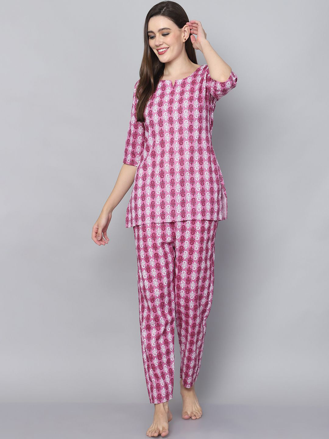 

SOUNDARYA Floral Printed Round Neck Three-Quarter Sleeves Pure Cotton Kurti With Pyjama, Magenta