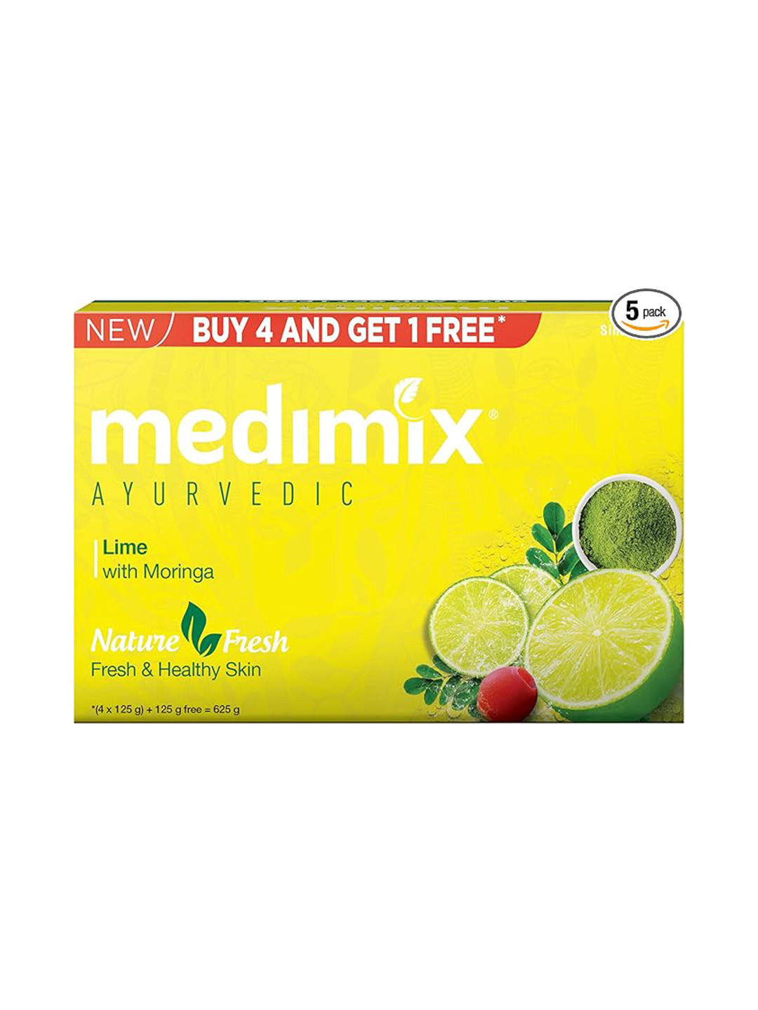 

medimix AYURVEDIC Set of 5 Lime Bathing Soap with Moringa - 125 g each, Yellow