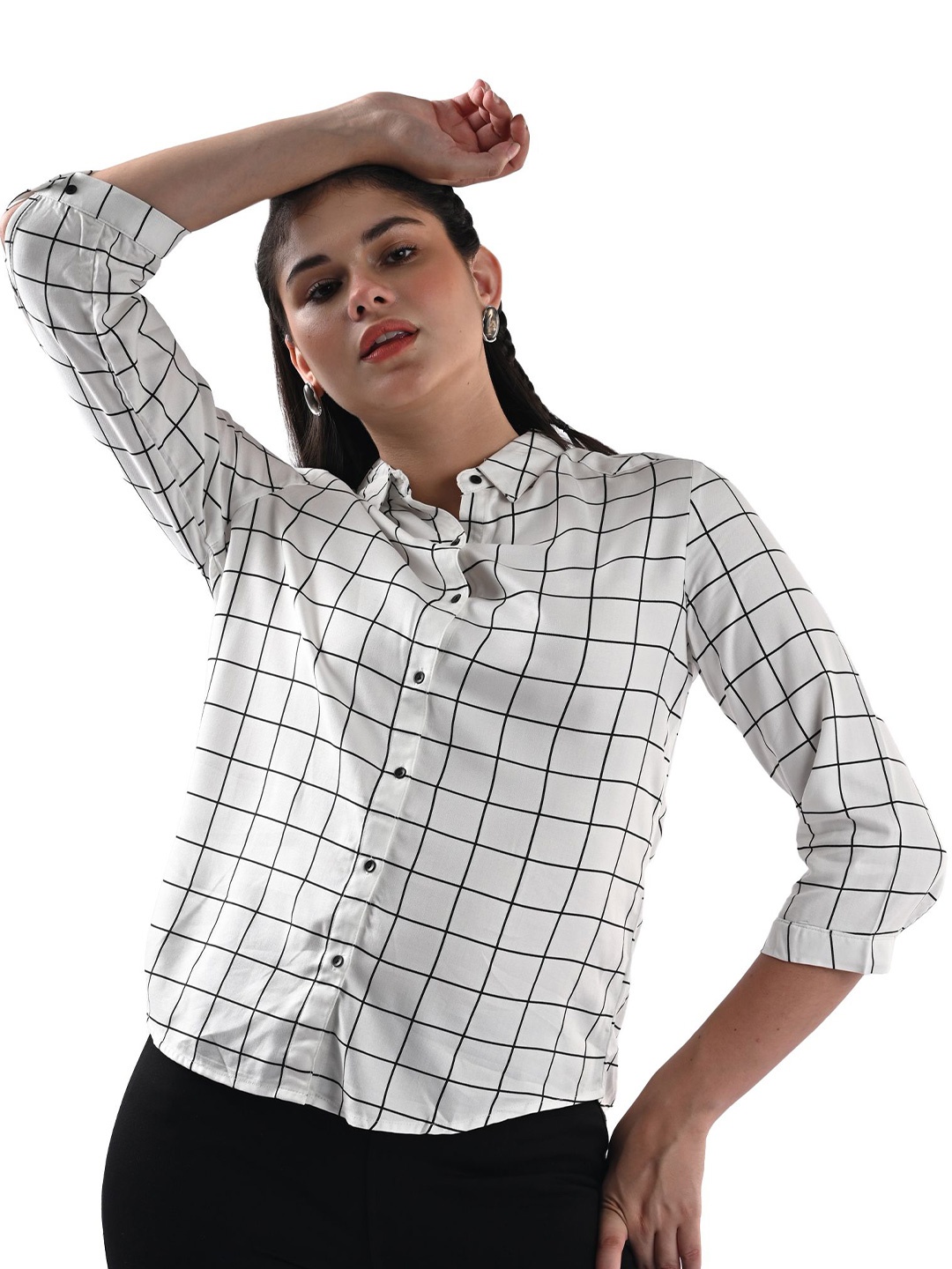 

Kraus Jeans Women Slim Fit Windowpane Checks Opaque Checked Casual Shirt, White