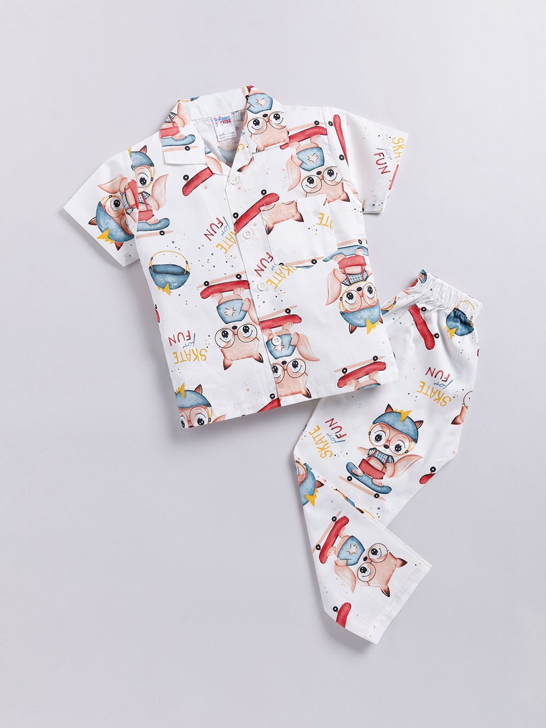 

NAUTI KIDZ Boys Printed Pure Cotton Shirt Collar Night suit, White