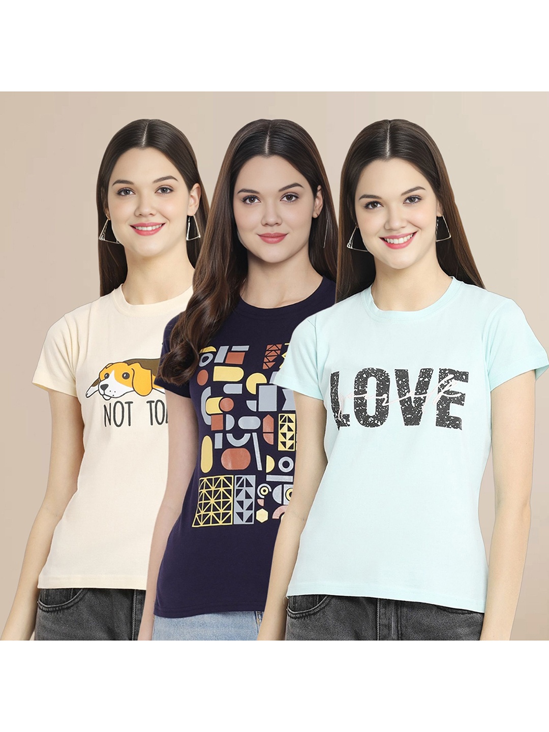

Metronaut Women Pack Of 3 Typography Printed Round Neck Cotton T-shirts, Cream