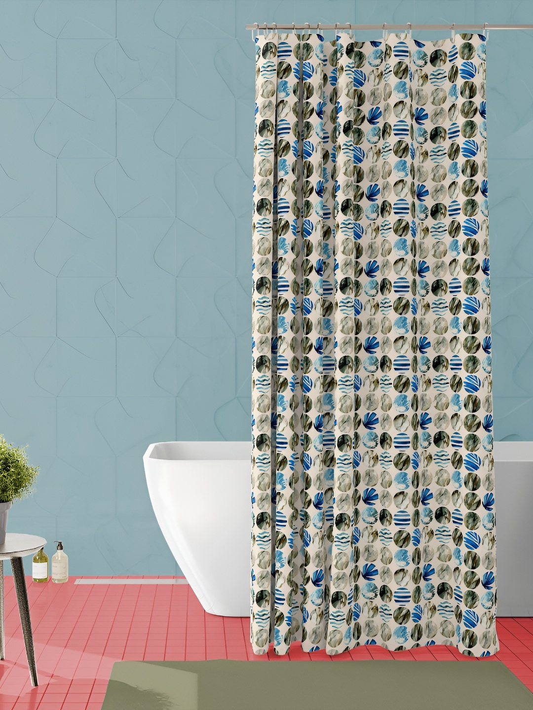 

ArtzFolio Beige & Blue Printed Waterproof Shower Curtain