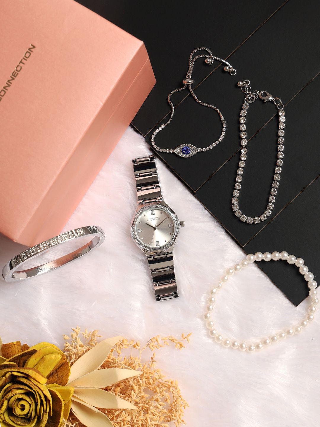 

French Connection Women Embellished Dial & Bracelet Style Straps Analogue Watch FCB6SM, Silver