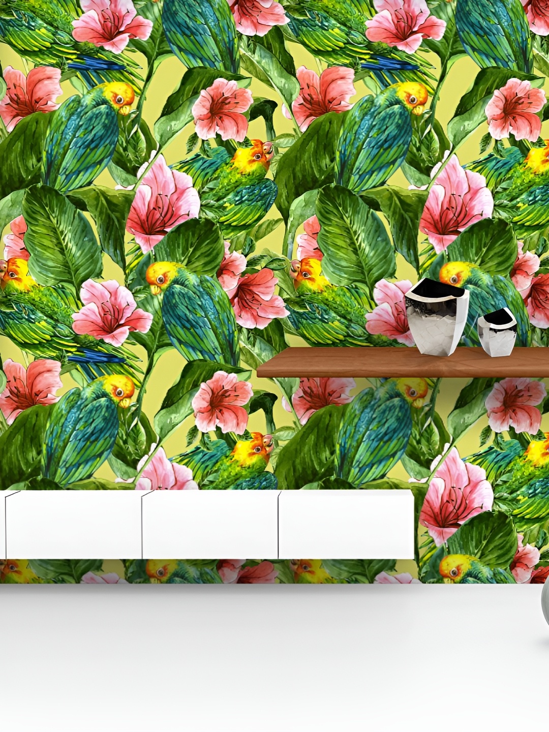 

ArtzFolio Printed UV-Resistant Anti-Bacterial Tropical Leaves Hibiscus Flowers Peel & Stick Wallpaper, Multi