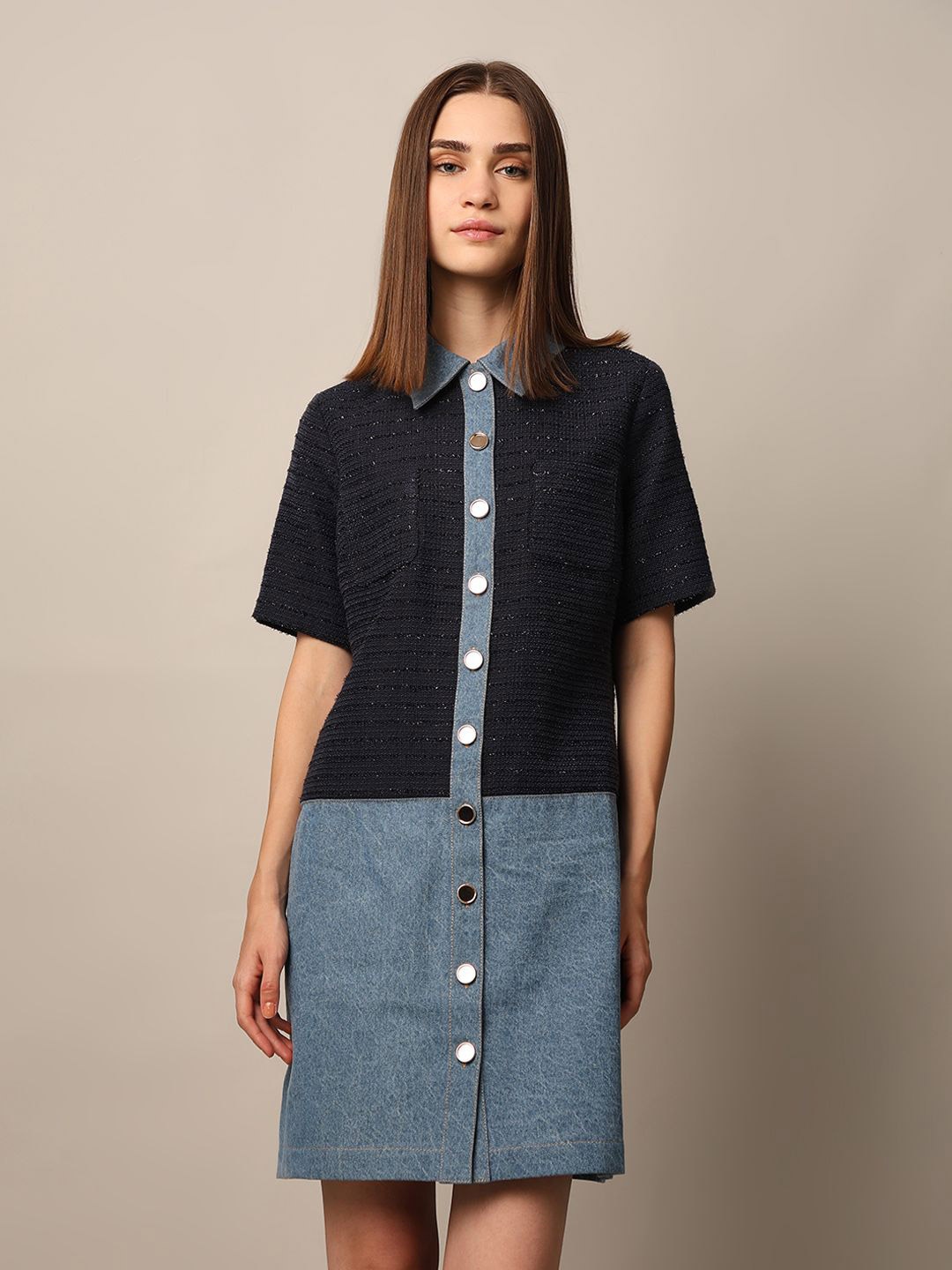 

ONLY Women Shirt Collar Embellished Shirt Mini Dress, Navy blue