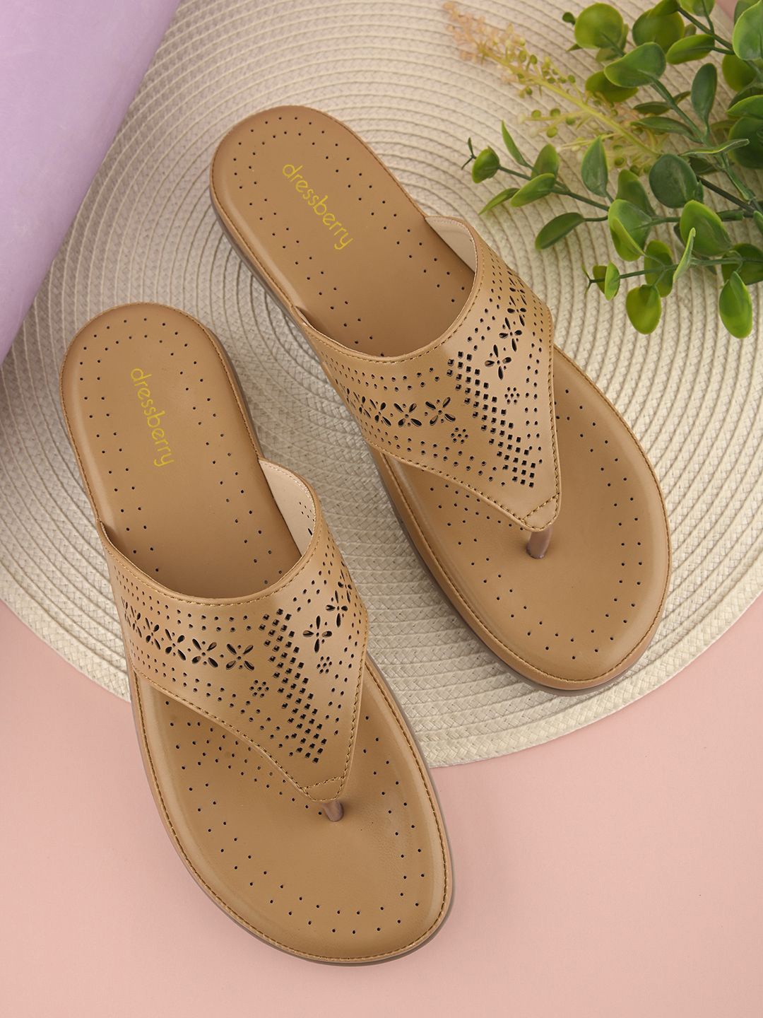 

DressBerry Women Open Toe Flats with Laser Cuts, Beige