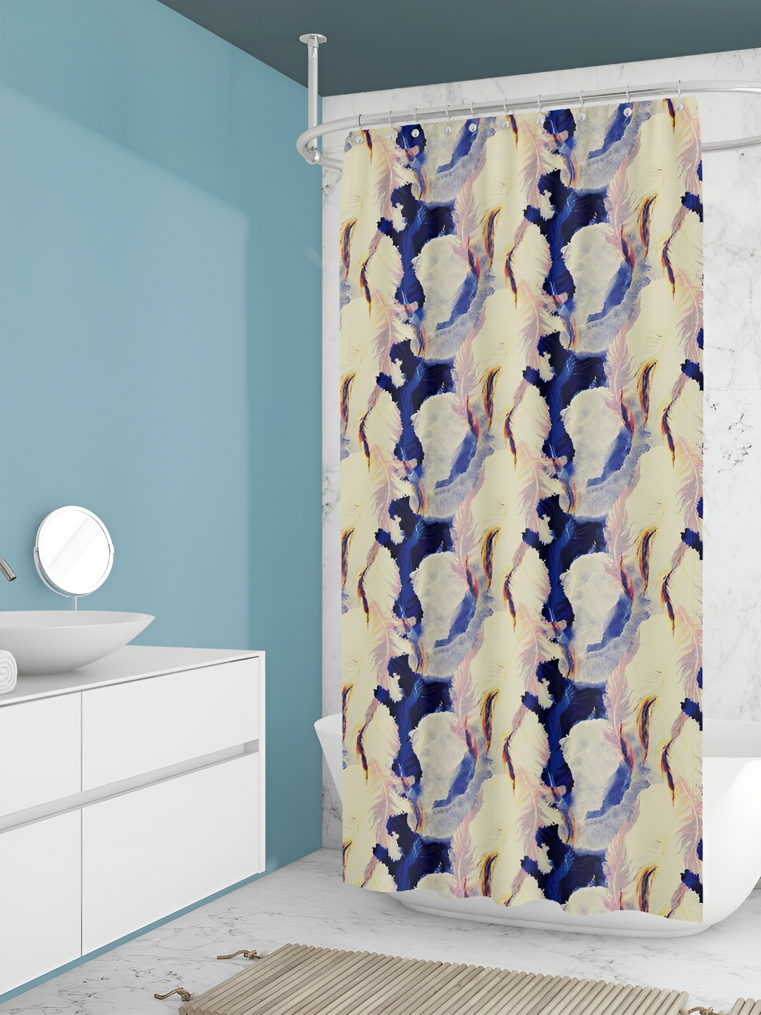 

ArtzFolio Cream-Coloured & Navy Blue Printed Waterproof Shower Curtain