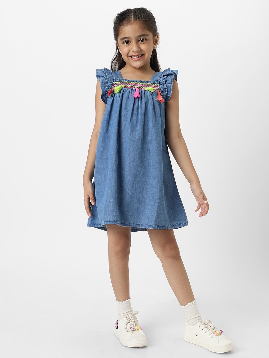 

Nautinati Girls' Embroidered Taselled Sleeveless Casual Wear Denim Dress, Blue