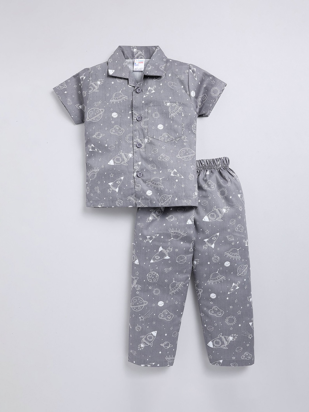 

NAUTI KIDZ Boys Pure Cotton Shirt Collar Printed Night Suit, Grey
