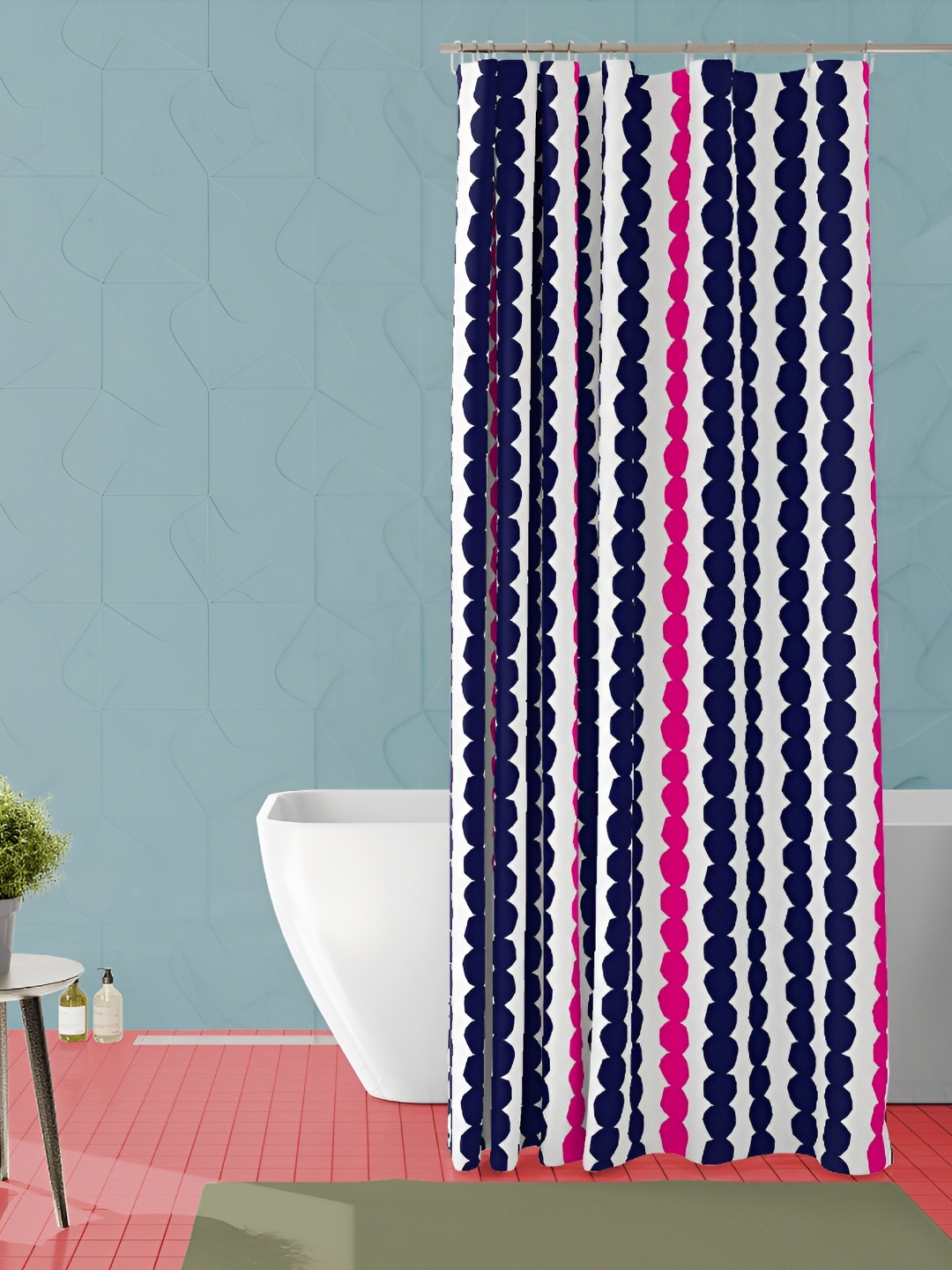

ArtzFolio White & Navy Blue Striped Waterproof Shower Curtain
