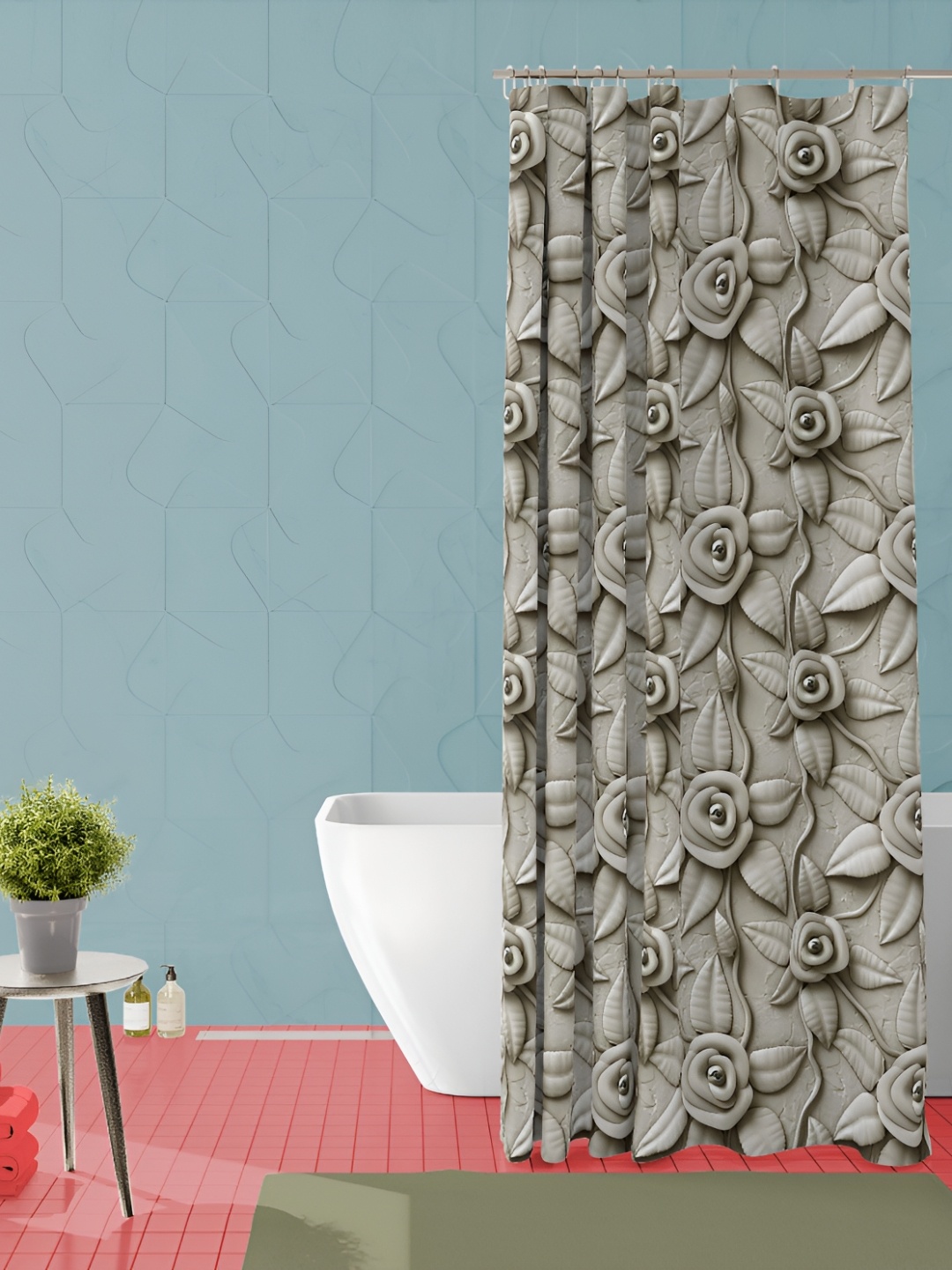 

ArtzFolio Grey Floral Printed Waterproof Shower Curtain