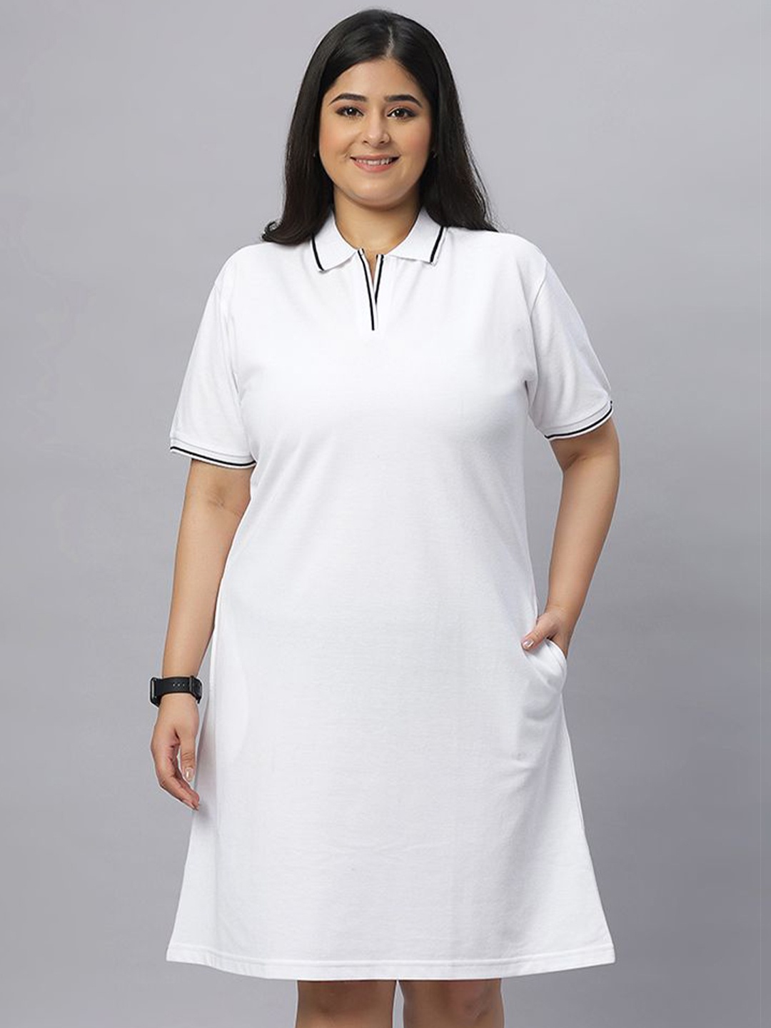 

Wear Your Opinion Women Plus Size Polo Collar Knitted Weave Tipped T-shirt Dress, White