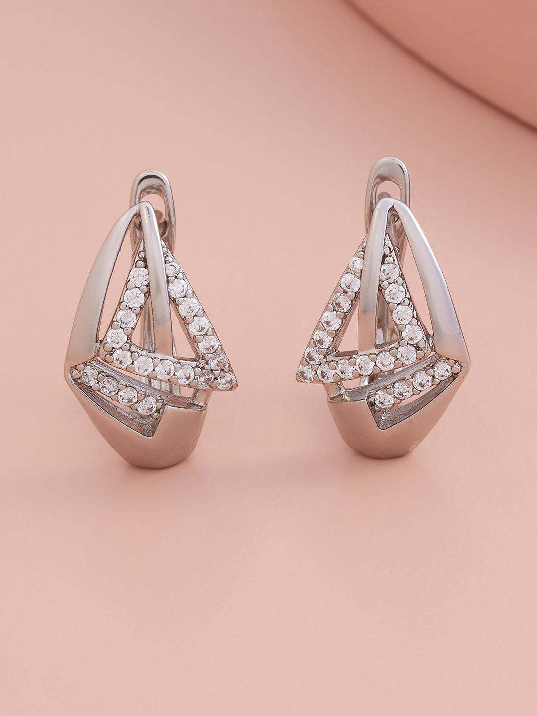 

Kushal's Fashion Jewellery Rhodium-Plated Zircon Studded Triangular Hoop Earrings, Silver
