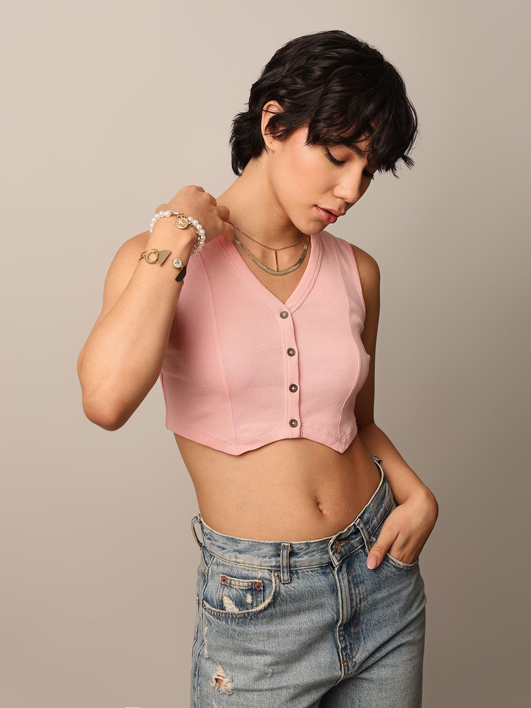 

ONLY Women Sleeveless Cotton Tank Crop Top, Peach
