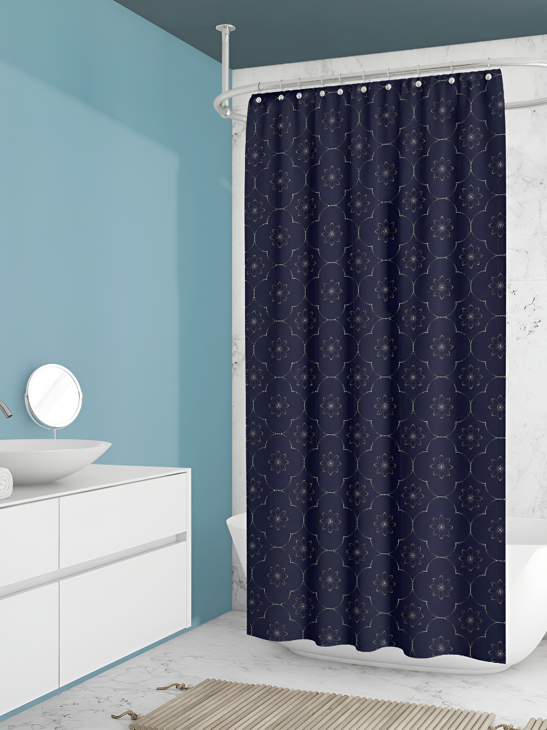 

ArtzFolio Navy Blue & White Floral Printed Waterproof Shower Curtain