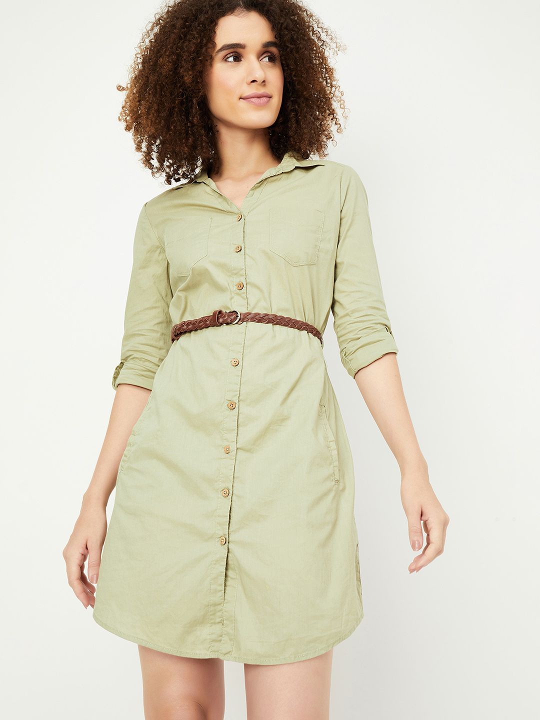 

max Women Cotton Above Knee-Length Shirt Dresses, Green