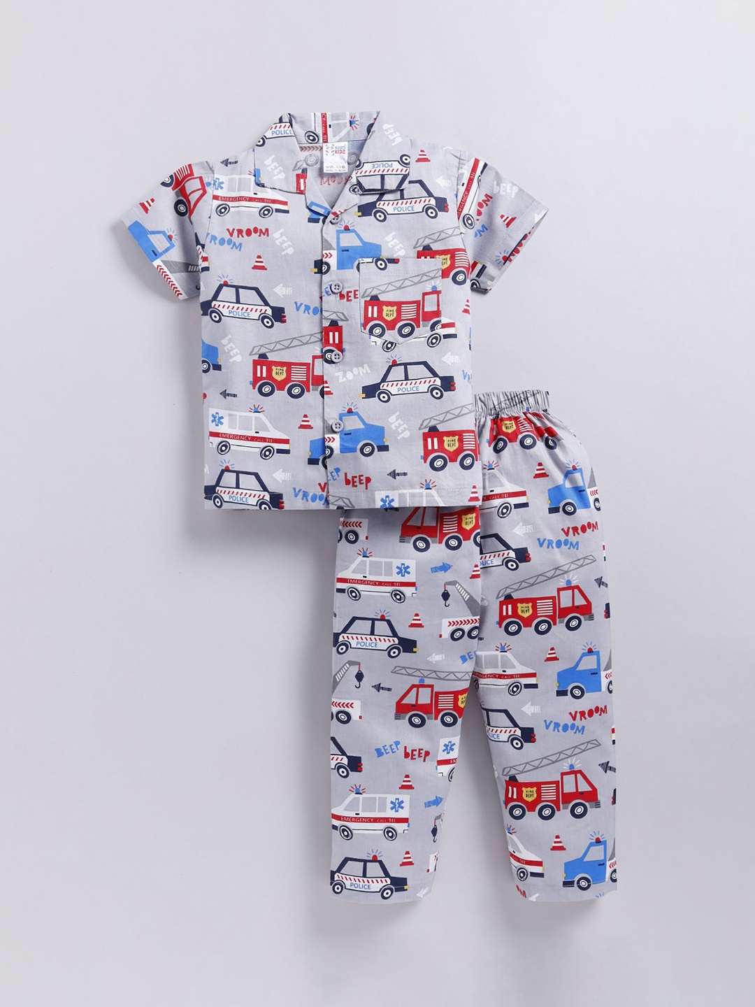 

NAUTI KIDZ Boys Printed Pure Cotton Shirt Collar Night suit, Grey