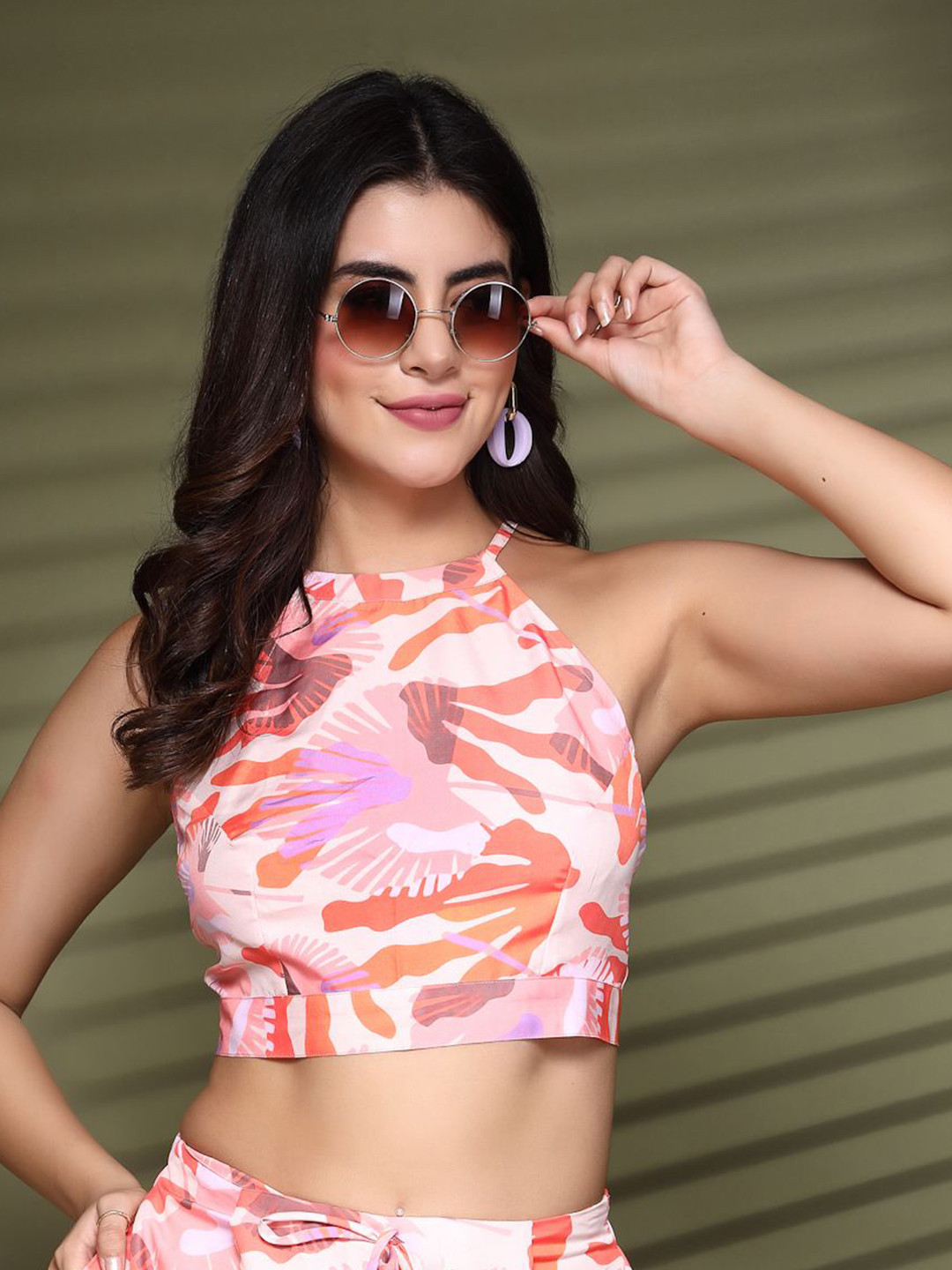 

Oomph! Women Printed Halter Neck Sleeveless Crop Top, Orange