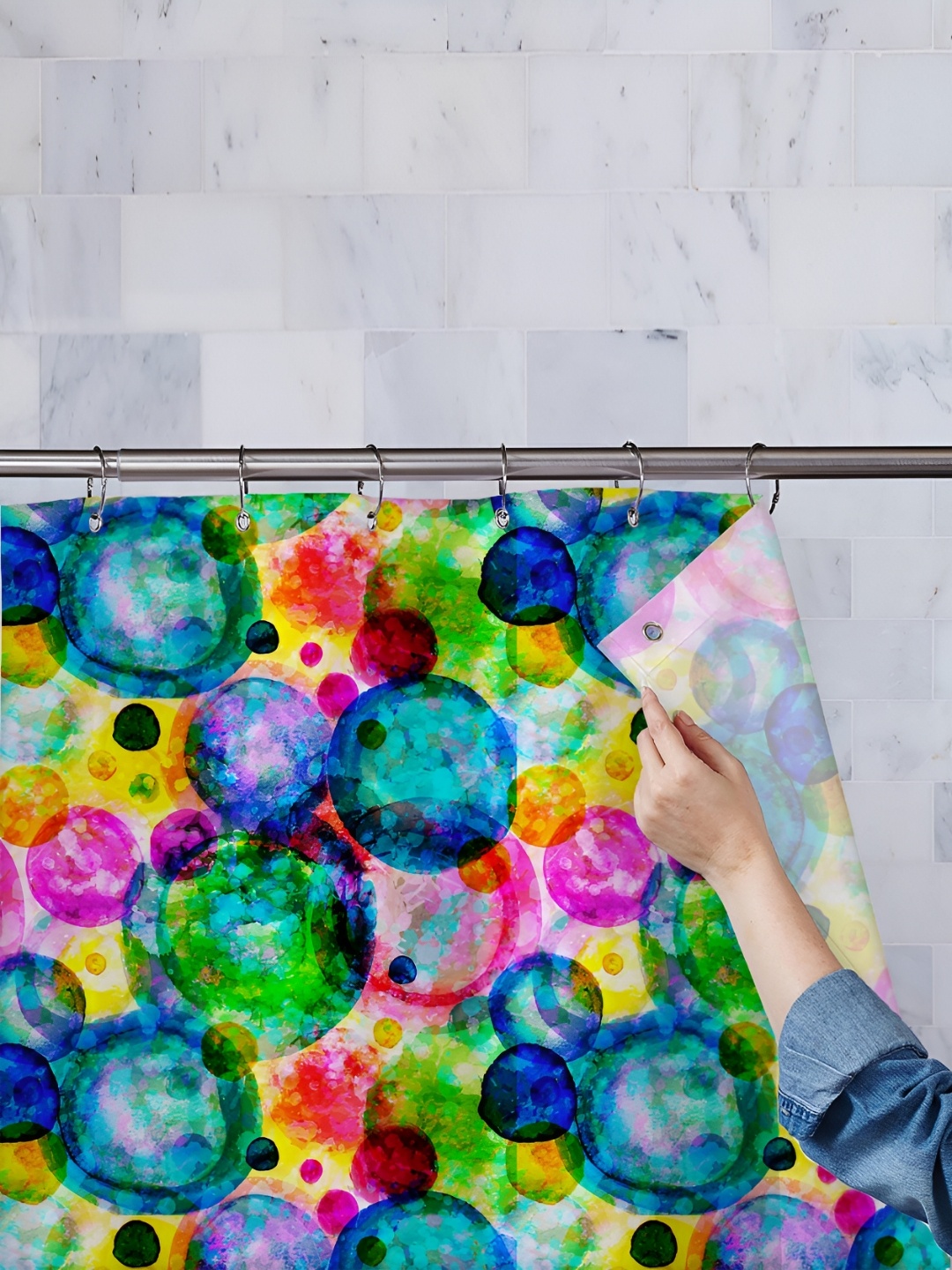 

ArtzFolio Green-Blue & Pink Printed Waterproof Shower Curtain