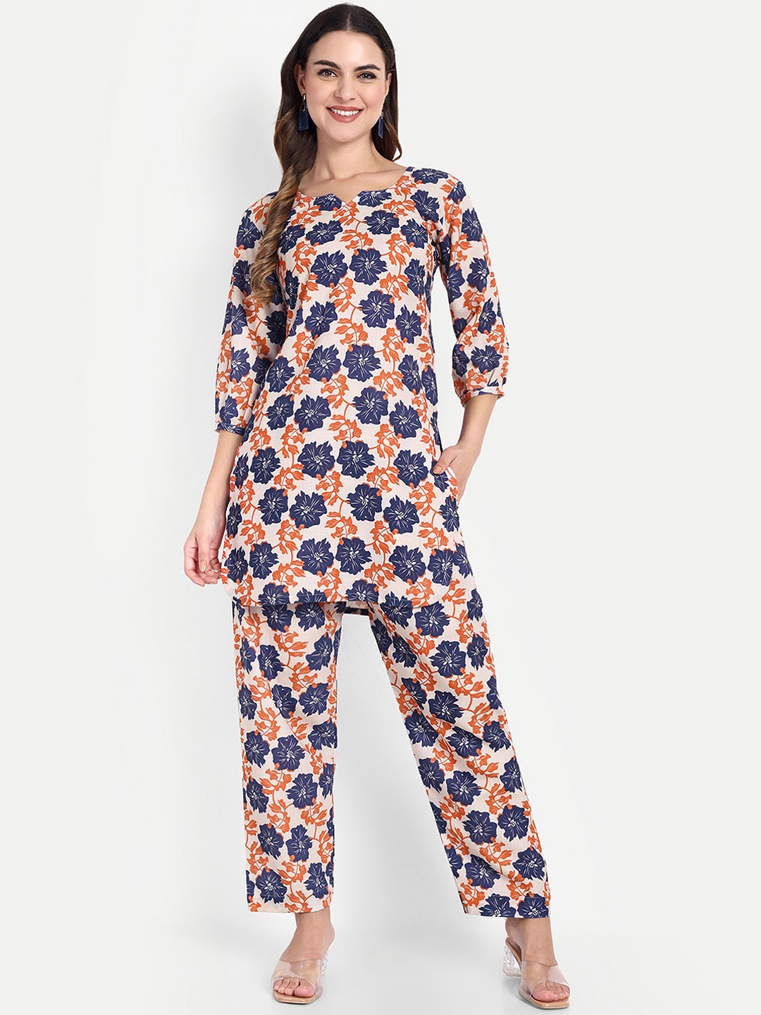 

TILISM Floral Printed Round Neck Three-Quarter Sleeves Pure Cotton Top With Trouser, Cream