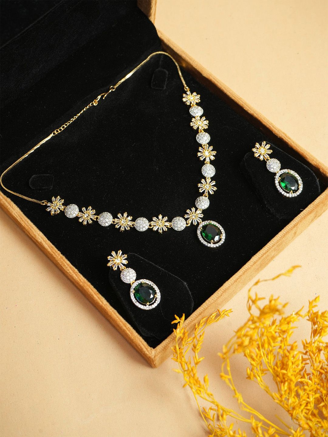 

VIRAASI Cubic Zirconia Stone-Studded Necklace With Earrings, Gold