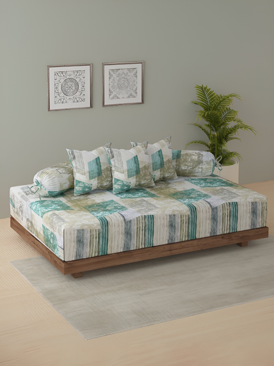

SWAYAM Green & Grey 6 Pieces Striped Printed Cotton Diwan Set
