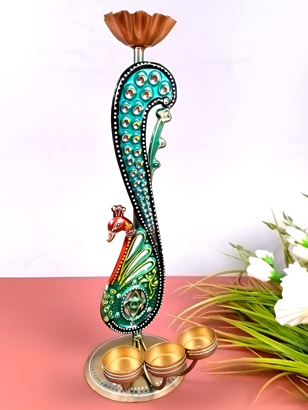 

apka mart Green & Orange Colored Metal Peacock Shaped Candle Holder