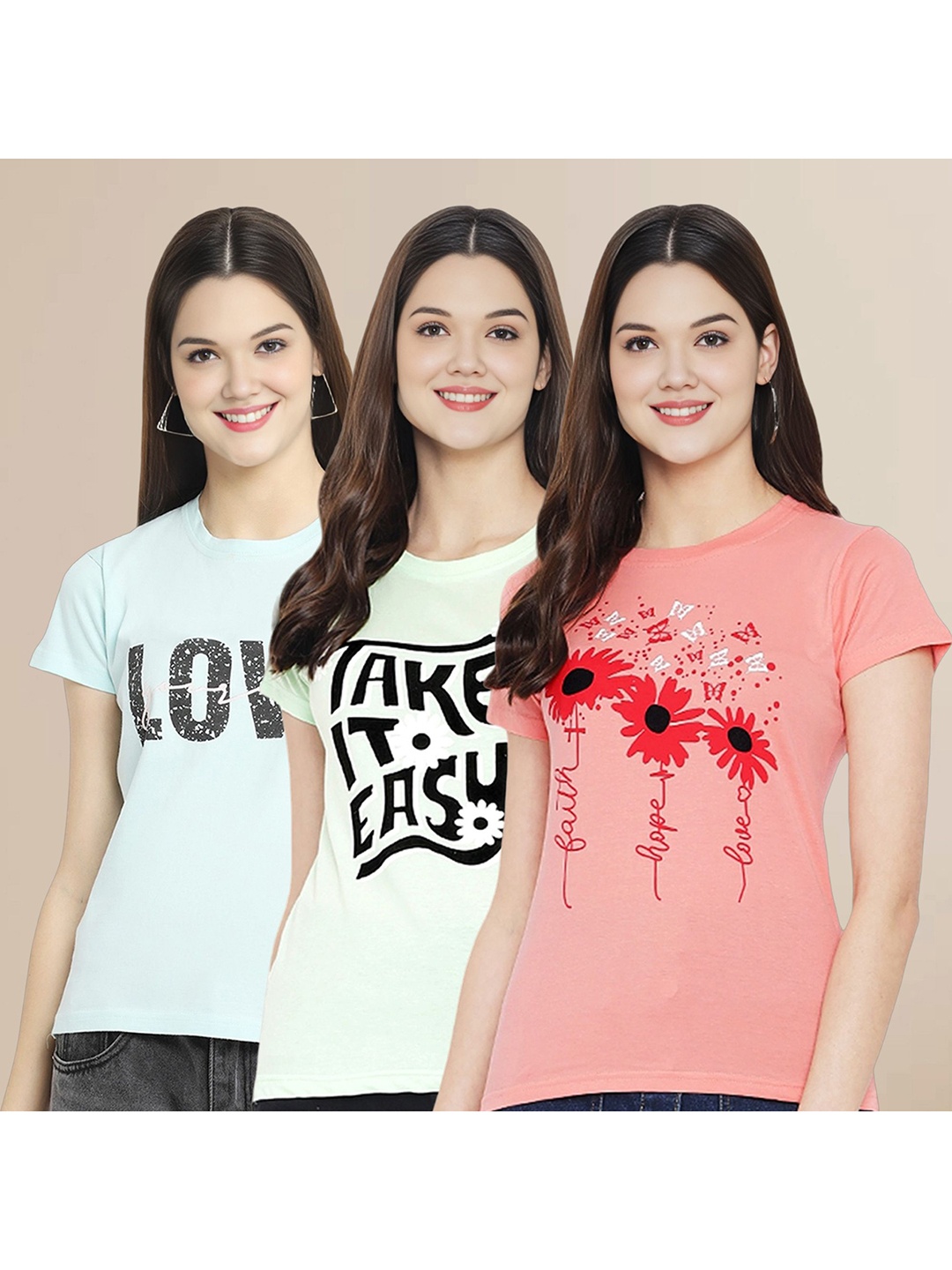 

Metronaut Women Pack Of 3 Typography Printed Round Neck Cotton T-shirts, Blue