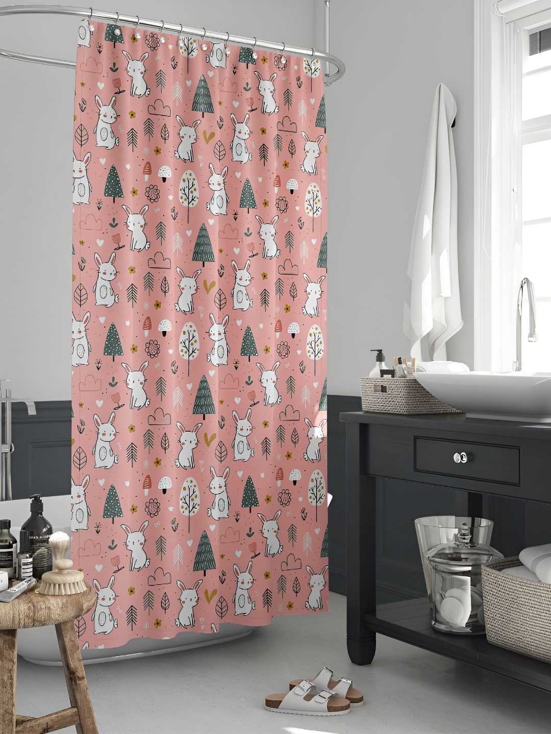 

ArtzFolio Peach & White Printed Waterproof Shower Curtain