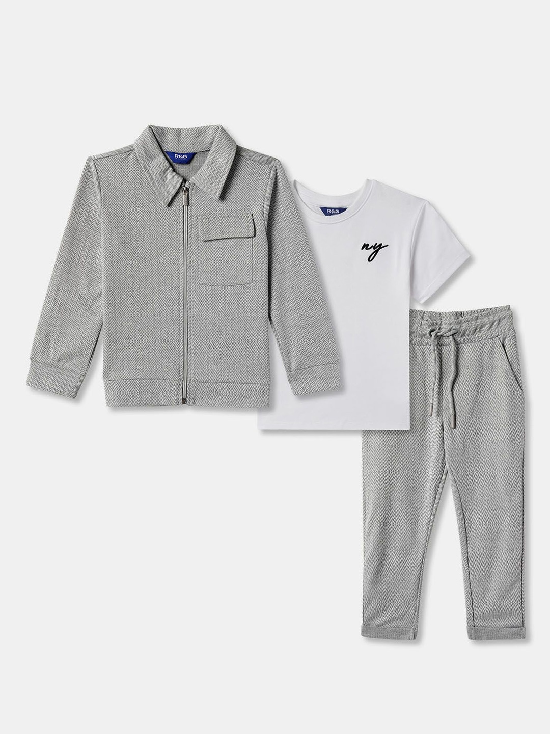 

R&B Boys 3 Piece Round Neck Short Sleeves T-shirt & Shirt With Trouser, Grey