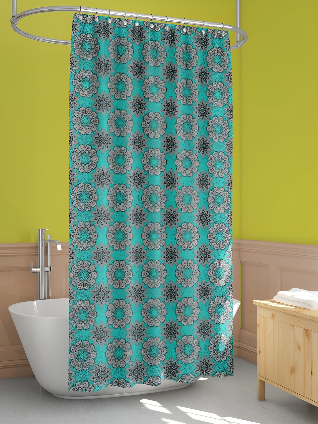 

ArtzFolio Turquoise Blue & Black Floral Printed Waterproof Shower Curtain