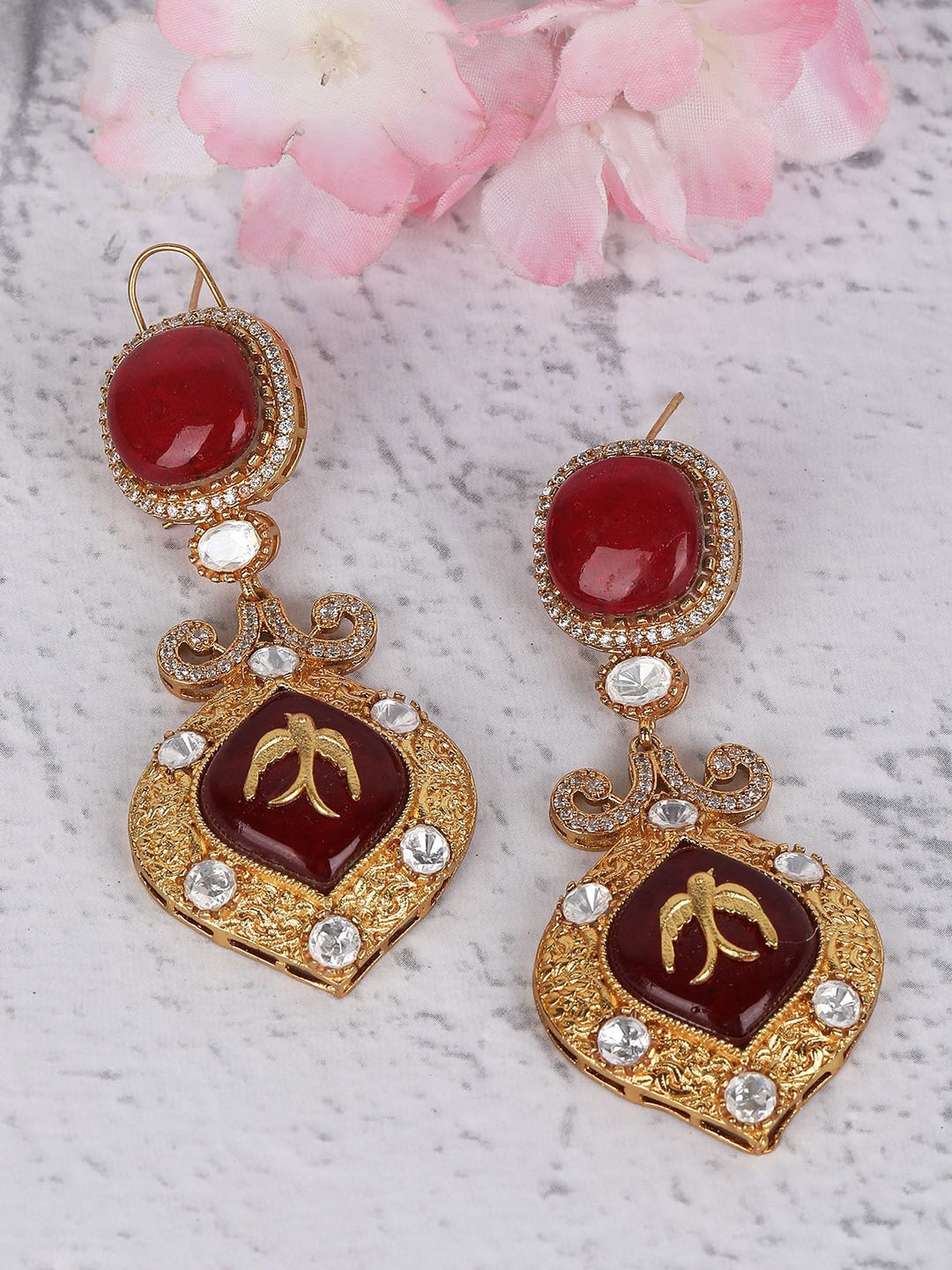 

AURAA TRENDS Gold-Plated Contemporary Drop Earrings, Red