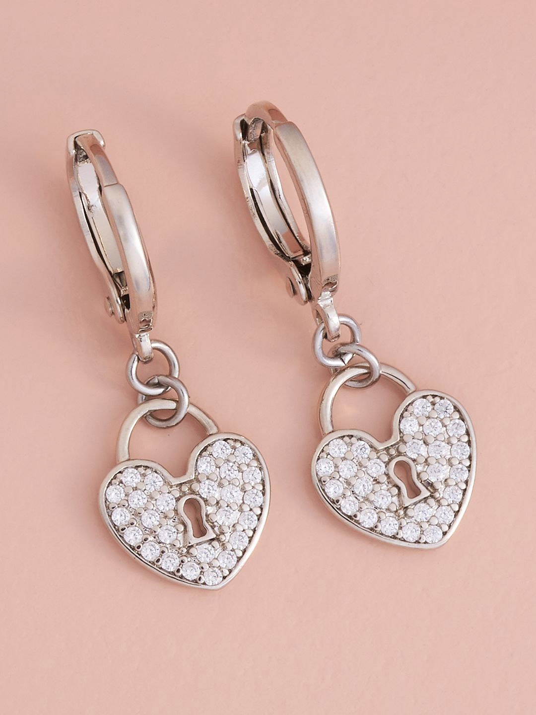 

Kushal's Fashion Jewellery Rhodium Plated Zircon Studded Heart Shaped Hoop Earrings, Silver