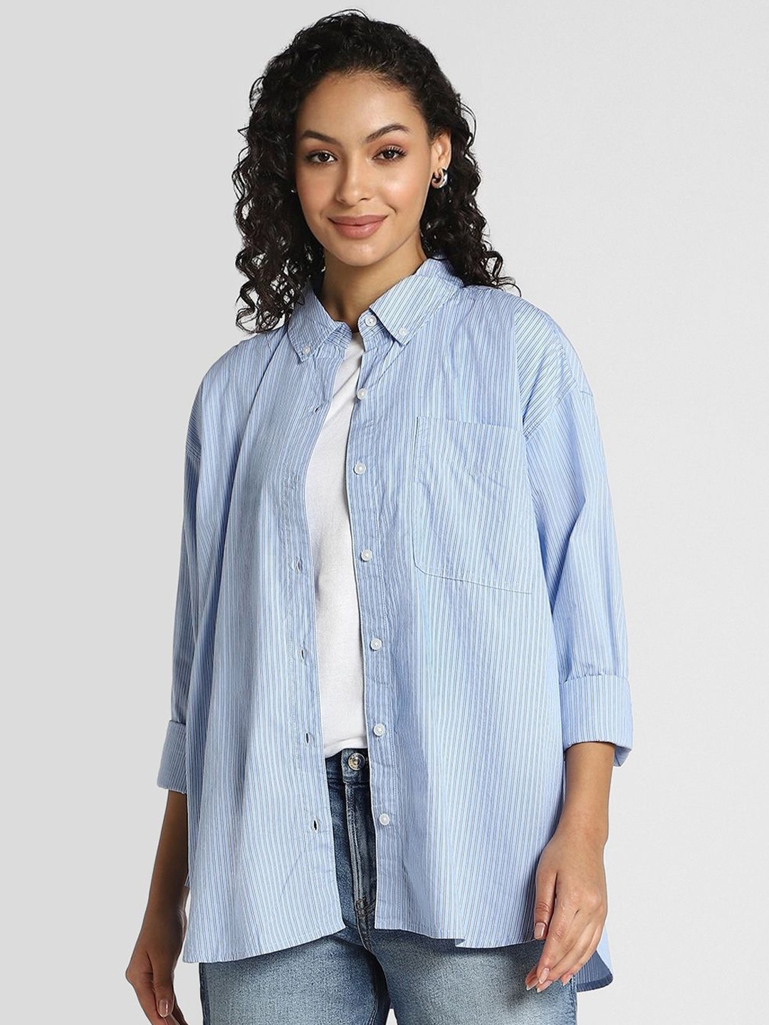 

AMERICAN EAGLE OUTFITTERS Women Classic Opaque Striped Casual Shirt, Blue