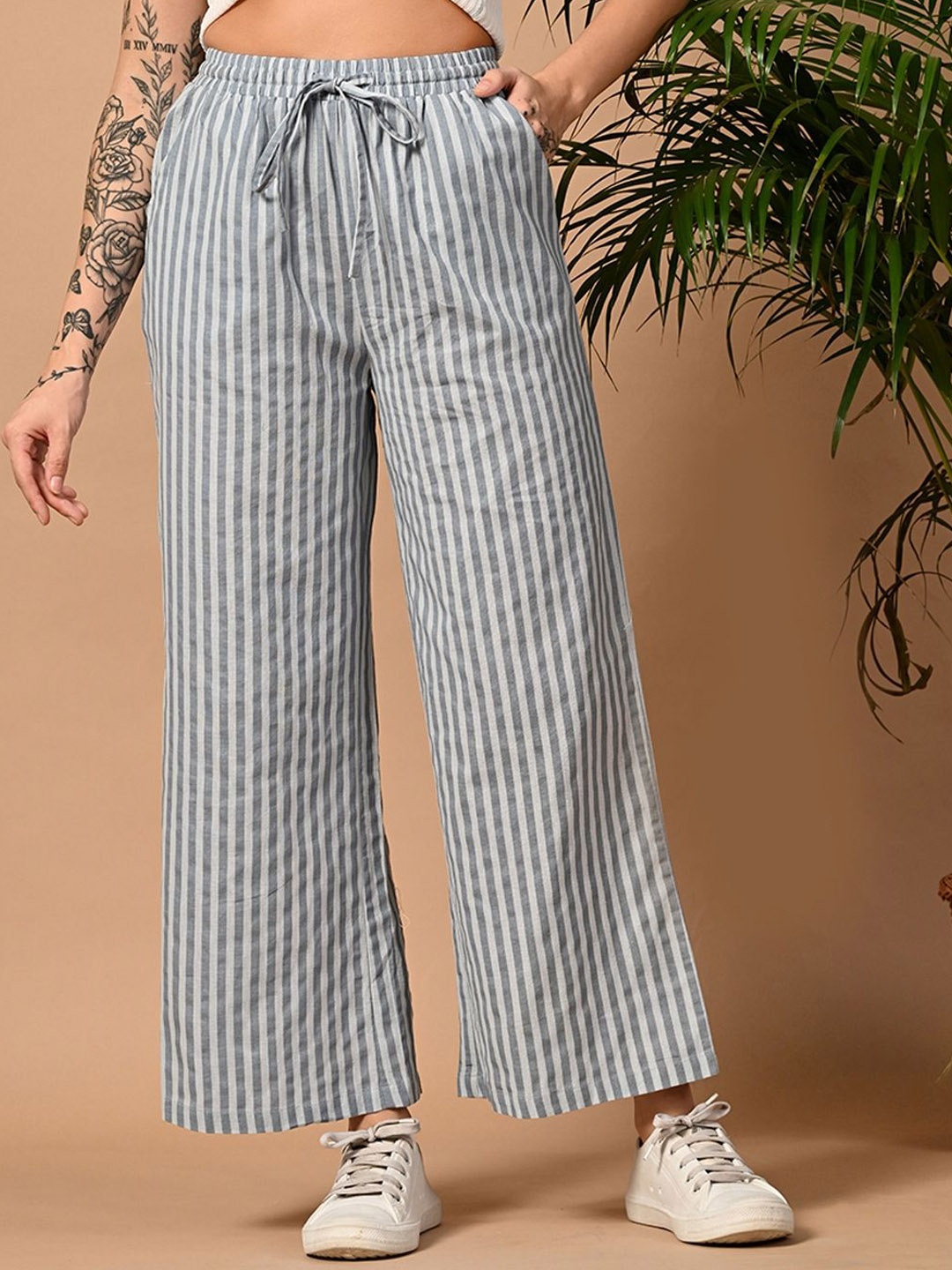 

PRETTY LOVING THING Women Striped Pure Cotton Trousers, Blue