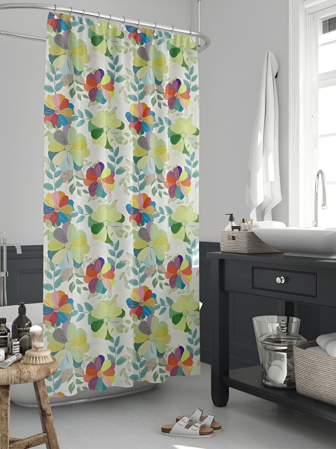 

ArtzFolio White & Green Printed Waterproof Shower Curtain