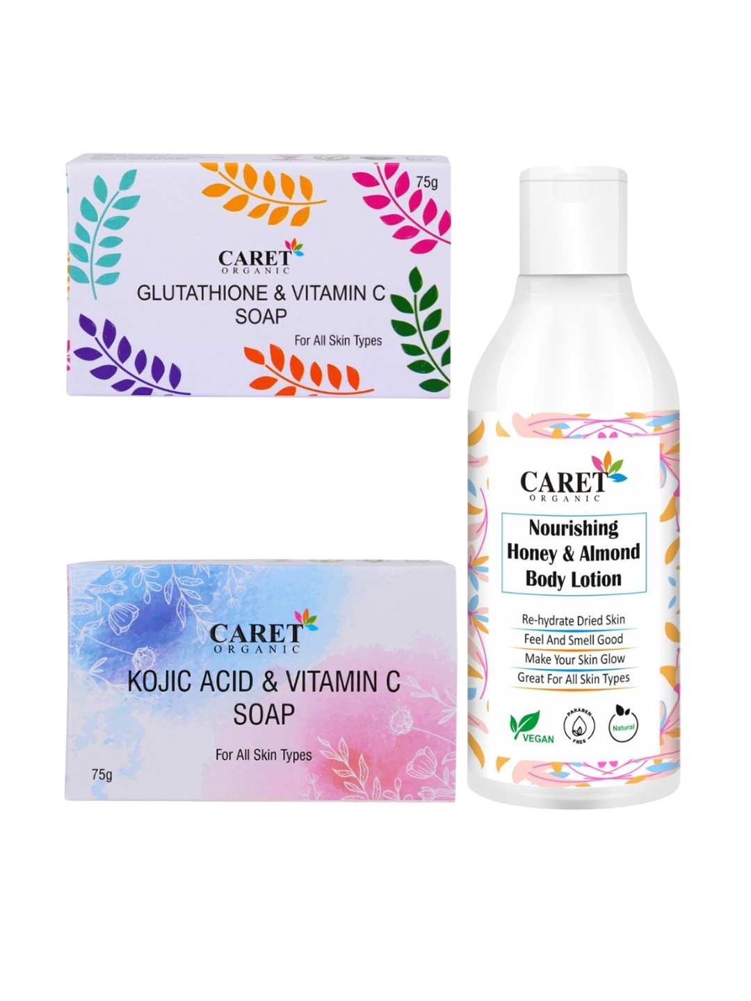 

CARET ORGANIC Set Of 3 Glutathione & Kojic Acid Soap- 75 g Each & Body Lotion- 250 ml, White