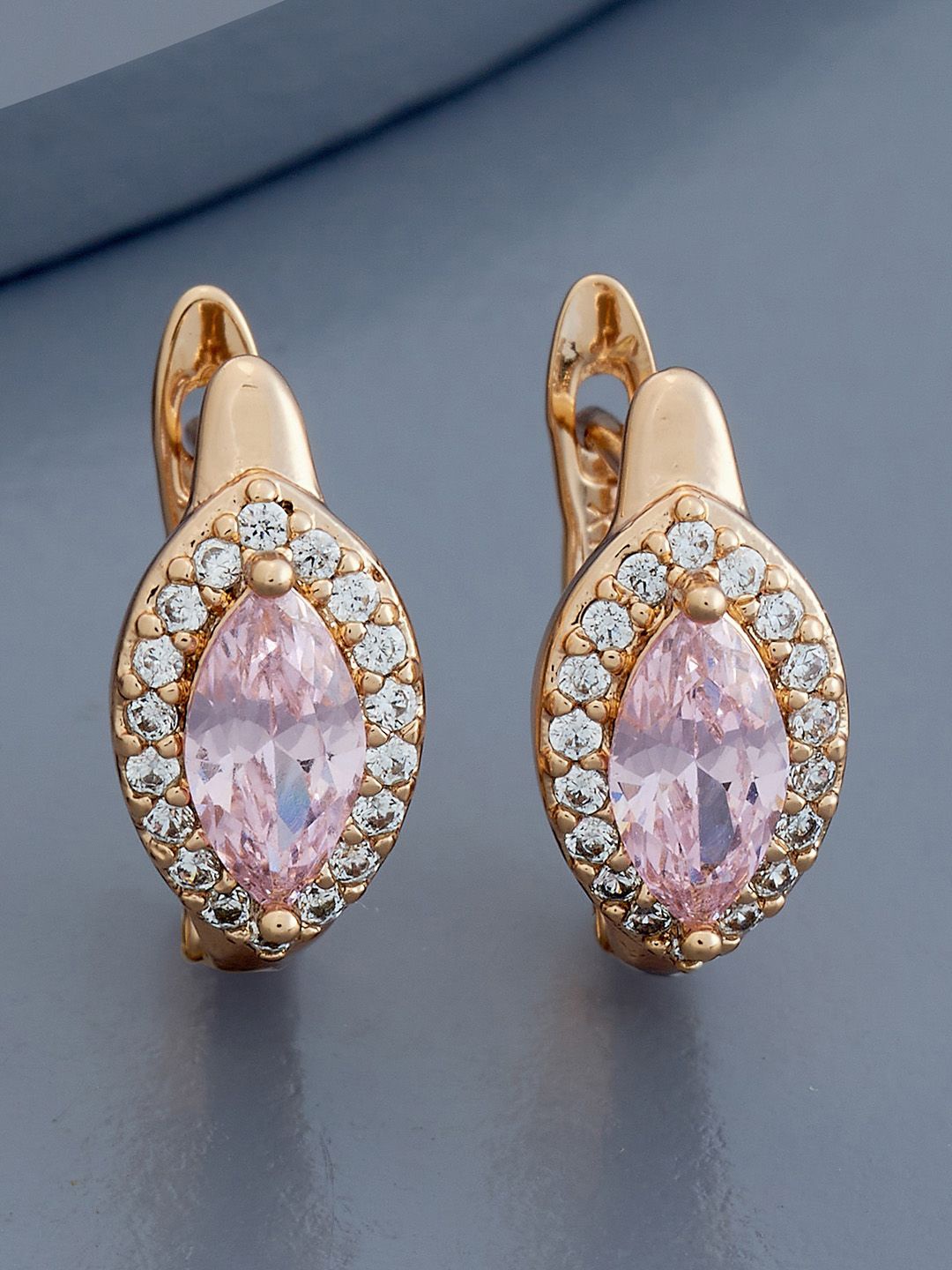 

Kushal's Fashion Jewellery Gold-Plated Zircon Leaf Shaped Hoop Earrings