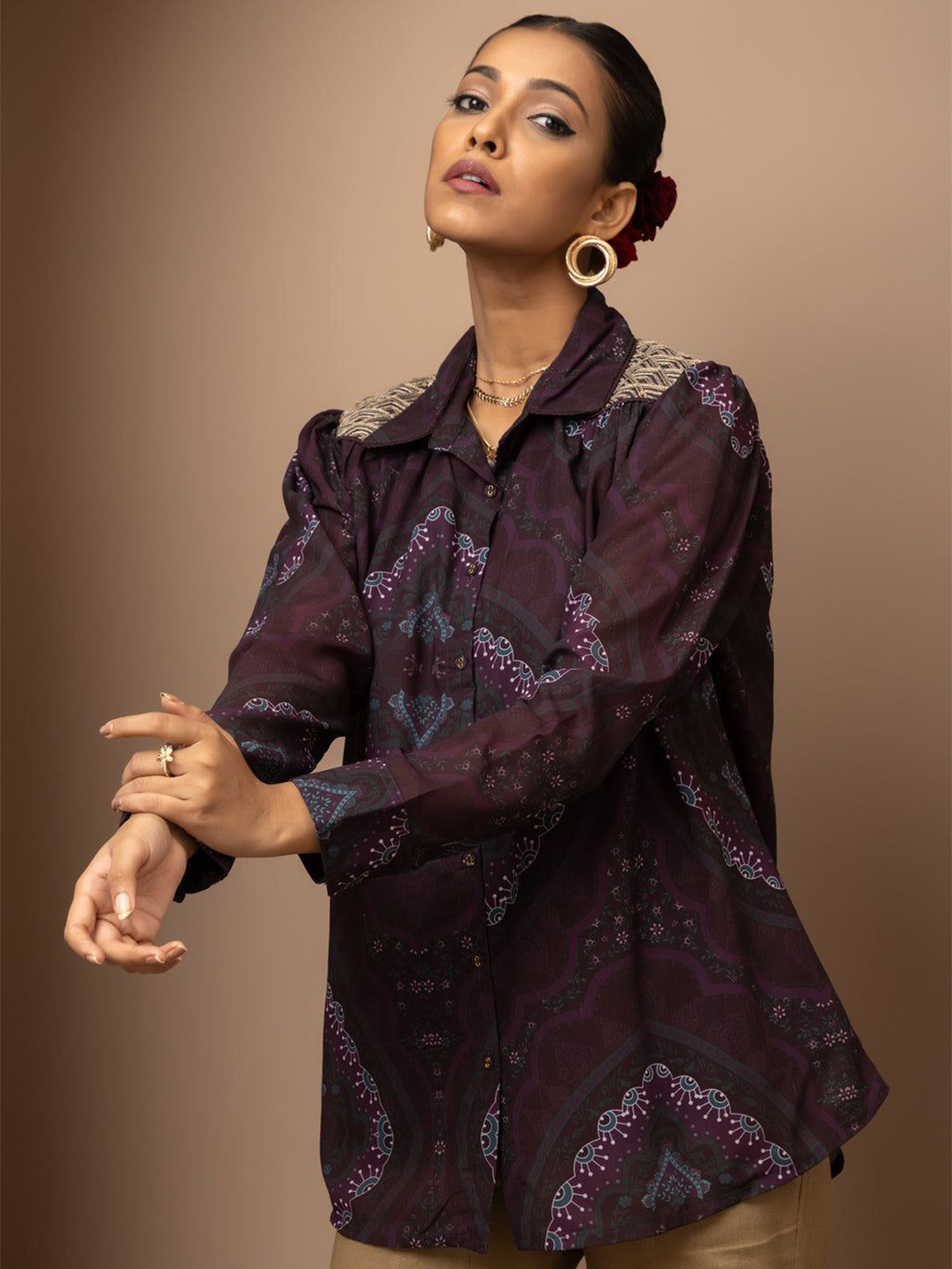 

Lakshita Women Classic Spread Collar Ethnic Motifs Printed Casual Shirt, Maroon