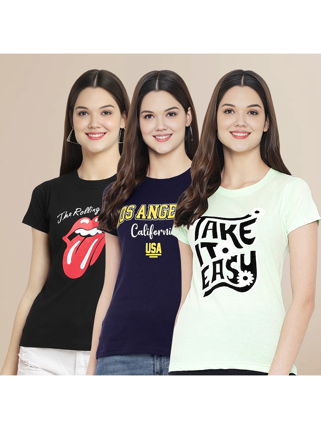 

Metronaut Women Pack Of 3 Typography Printed Round Neck Cotton T-shirts, Black