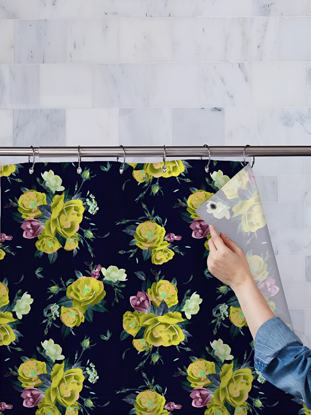 

ArtzFolio Green & Purple Printed Waterproof Shower Curtains, Blue