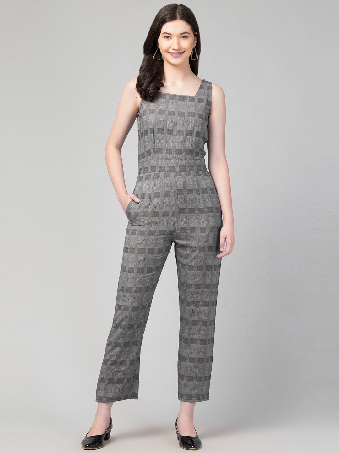 

Zuvino Women Checked Cotton Basic Jumpsuit, Grey